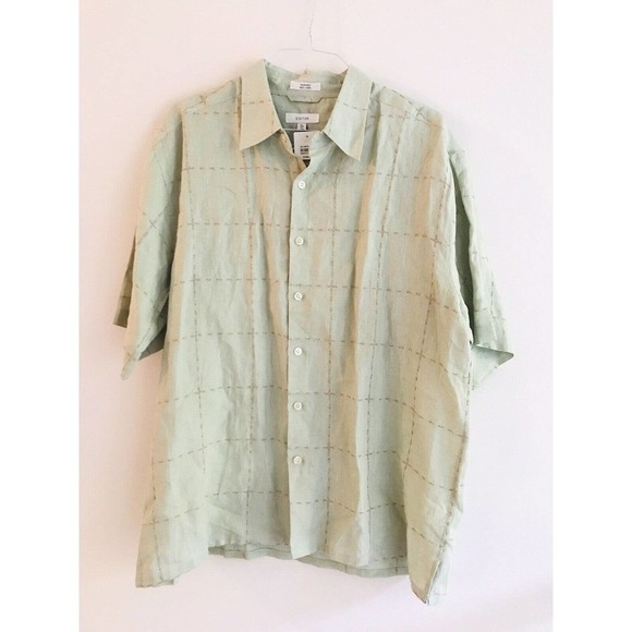 Visitor Bachrach | Button Front Linen Shirt Men Size XL Green Embroidered Collar - Picture 1 of 6
